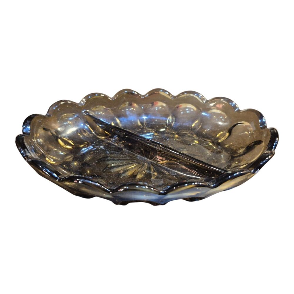 Vintage Anchor Hocking Fairfield Smoke Glass Divided Relish Dish Candy Nut Bowl